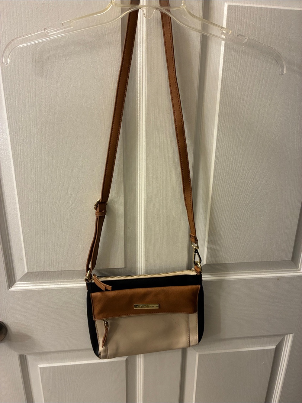 Liz Claiborne Colorblock foldover Crossbody Bag - Tan, Black & Cream